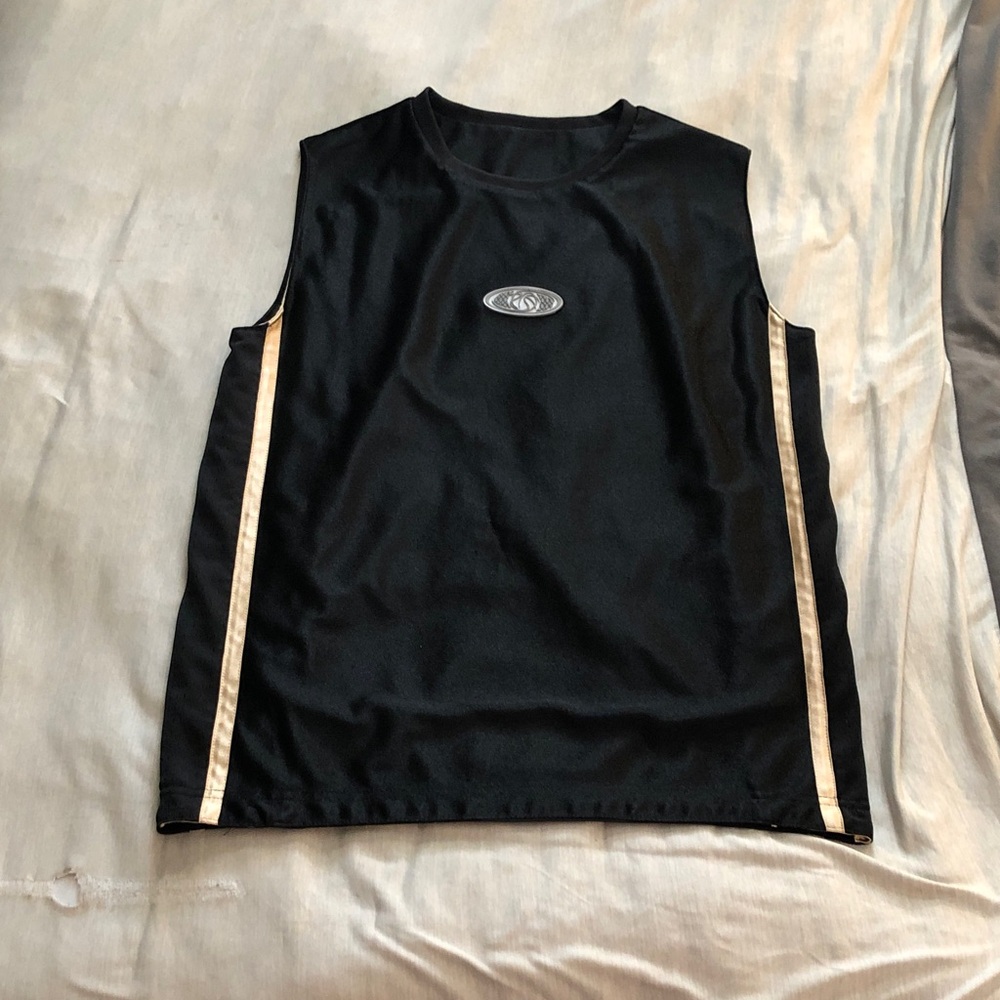 Black Sleeveless Top with Gold Stripes